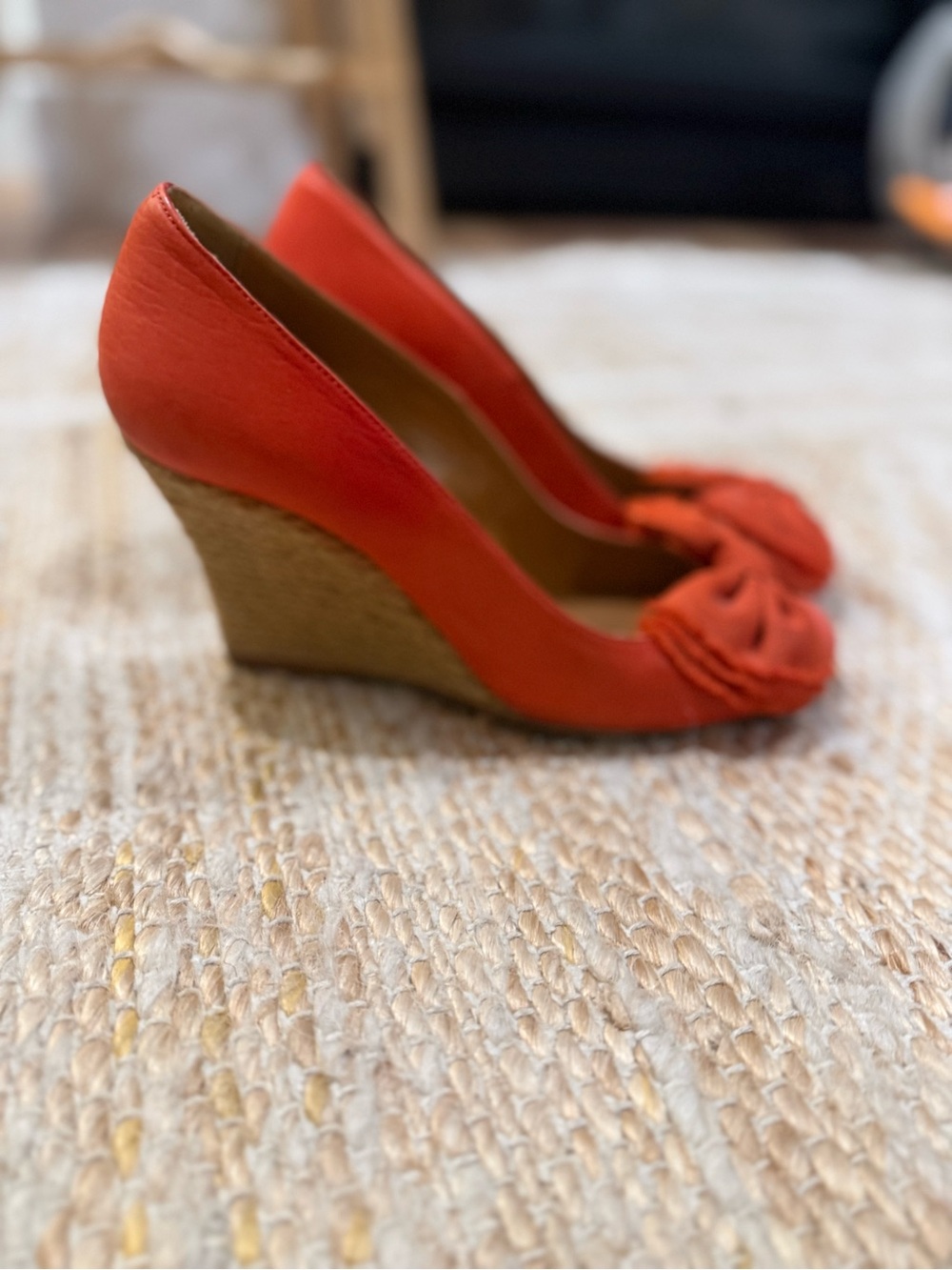Lanvin Coral-Orange Wedge Pumps with Knotted Toe